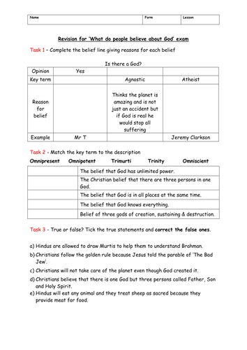 Y7 Revision for ‘What do people believe about God’ exam