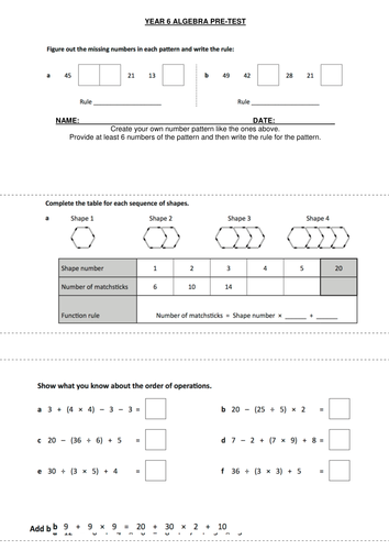 Algebra pre test and progression sheet