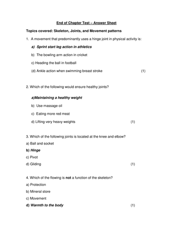 GCSE PE OCR New Specification 2016 End of Chapter Test - Skeleton, Joints and Movement Analysis