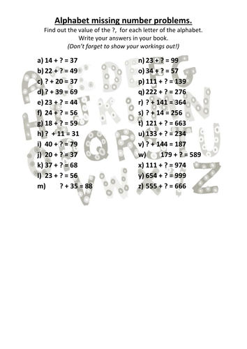 Alphabet of missing number problems