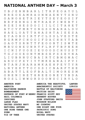 National Anthem Day – March 3 Word Search