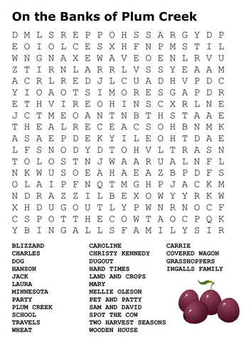 On the Banks of Plum Creek Laura Ingalls Wilder Word Search