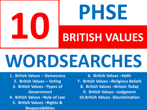 10 Wordsearches PHSE British Values PHSEE Keyword Starters Wordsearch Homework or Cover Lesson