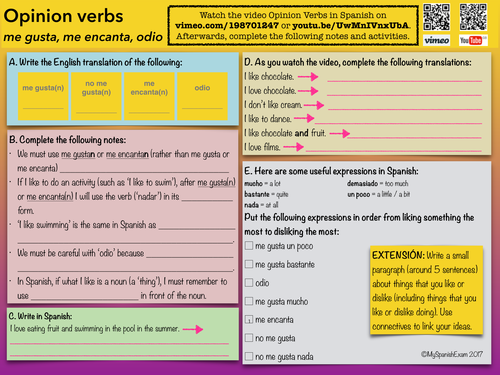  Opinion Verbs  me gusta no me gusta me encanta odio 