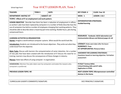 Complete Term3  Yr 10 ICT Lesson Plan