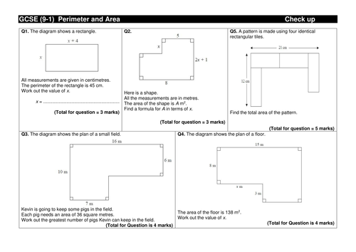 GCSE (9-1) Area and perimeter check up