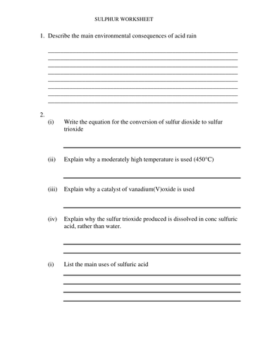 SULPHUR WORKSHEET WITH ANSWERS