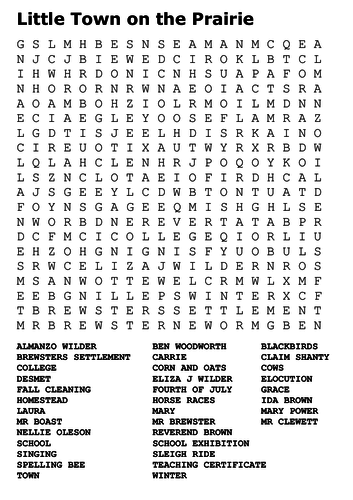 Little Town on the Prairie Laura Ingalls Wilder Word Search