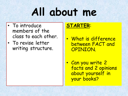 All About Me - intro to autobiography writing and letter writing