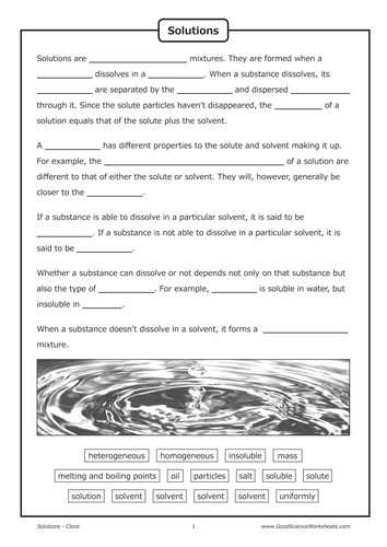 Solutions and Solubility [Cloze Worksheet] | Teaching Resources