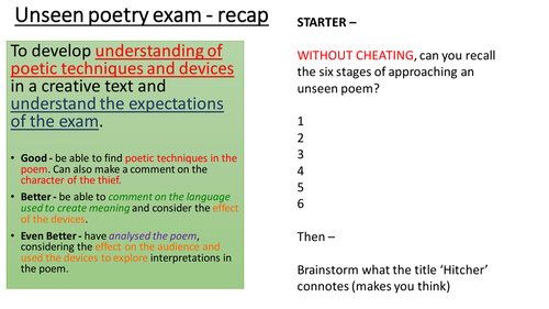 Unseen poetry - Hitcher (Simon Armitage)- and creative writing task - WJEC and others