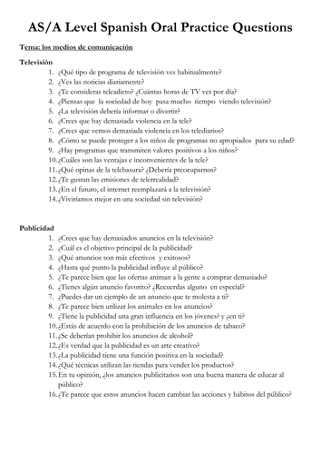 Spanish A Level Oral Questions Booklet Questions For All Topics By 0153