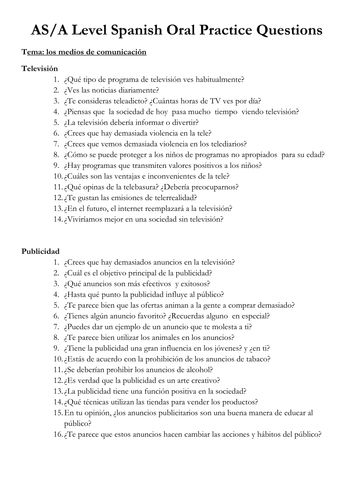 Spanish A Level Oral questions booklet/ questions for all topics
