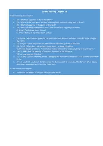 KS2 Year 6 SATs - Boy in Striped Pyjamas - chapter 13 - guided reading questions