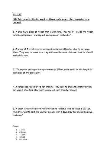 Division Word Problems That Need The Remainders To Be Expressed As Decimals Teaching Resources