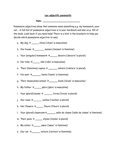 Possessive Adjectives/Les Adjectifs Possessifs