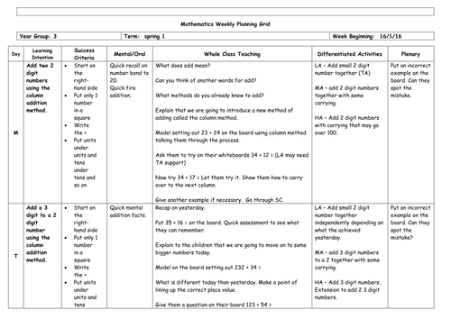 Maths - Column addition and subtraction planning including resources differentiated KS2