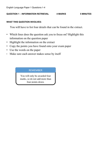 English Language Paper 1 Q1-4 breakdown