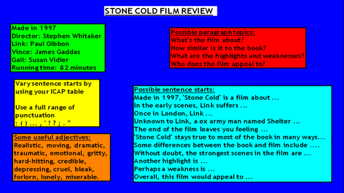 Stone Cold film review lesson with differentiated writing frame (Robert Swindells)
