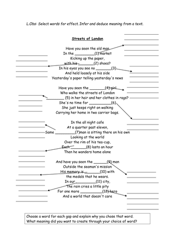 Streets of London Ralph McTell: Selecting word choices for effect and commenting on word choices