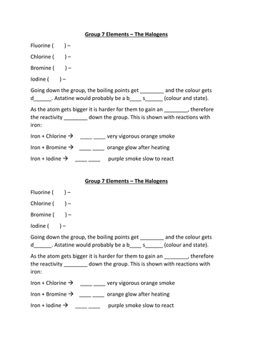 Revision Worksheet for Halogen Properties