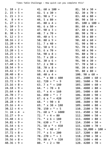 table worksheet doc multiplication 120 Teaching questions Table  dilady Challenge Times by