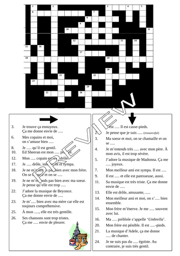 Mon Identité; Talking about Relationships; Talking about Music Crossword Plenary
