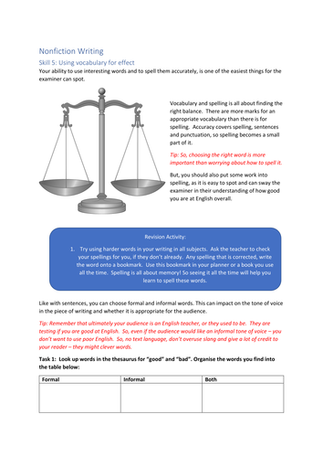 English Language Non Fiction Writing: Effective vocabulary