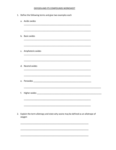 OXYGEN WORKSHEET WITH ANSWERS