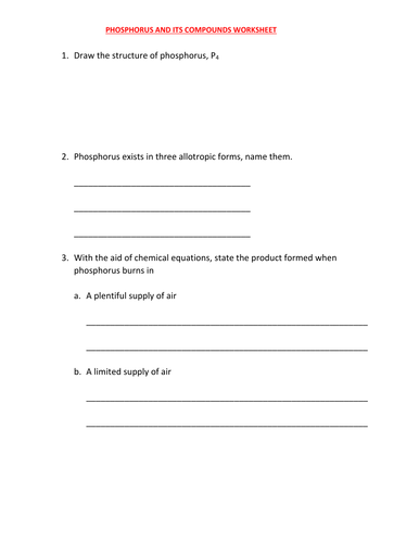 PHOSPHORUS AND ITS COMPOUNDS WORKSHEET