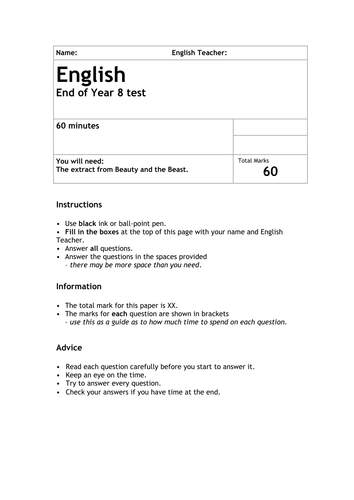 End of Year 8 Assessment Reading and Writing