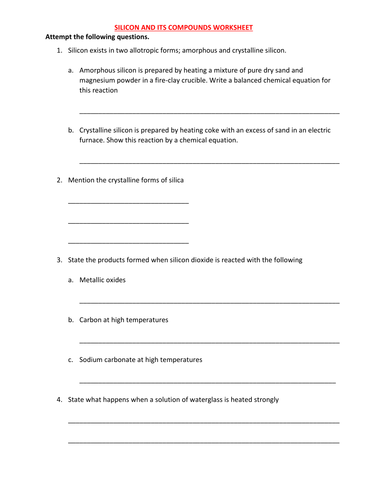 SILICON AND ITS COMPOUNDS WORKSHEET