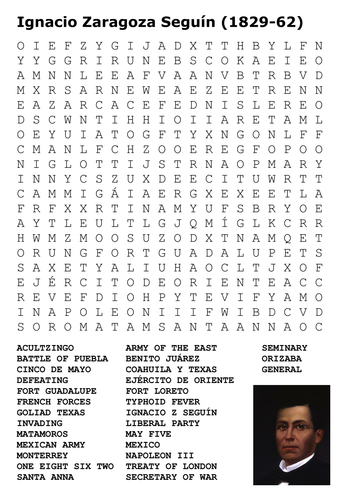 Ignacio Zaragoza Seguín Cinco de Mayo Word Search