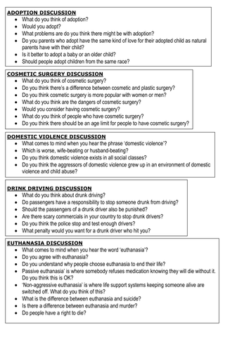 Speaking and Listening Discussion cards