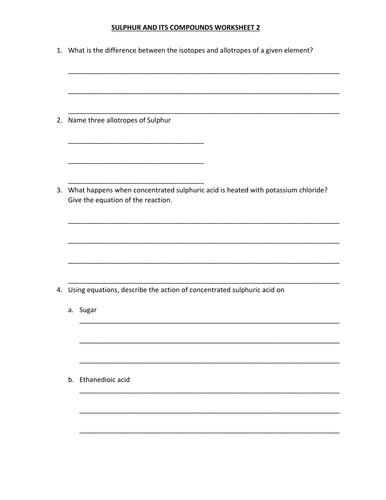 SULPHUR AND ITS COMPOUNDS WORKSHEET WITH ANSWERS