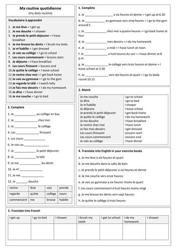 KS3 French - Daily routine and time (sentence builder and consolidation)