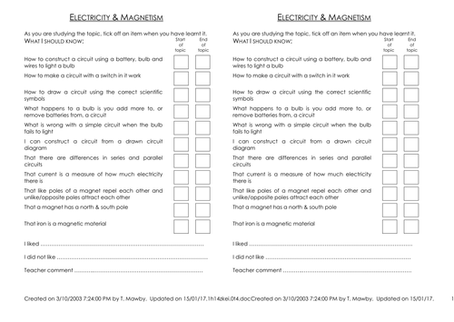 Science Self Assessment examples for scientific skills