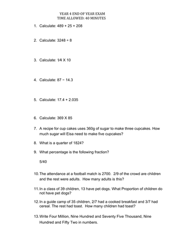 Year 4 KS2 SATS Maths Exam/ 10 Plus Sample Paper