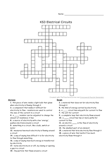 ks3 electrical circuits worksheets crossword homework quiz