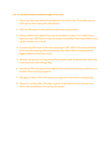 Percentages of Amounts Word Problems