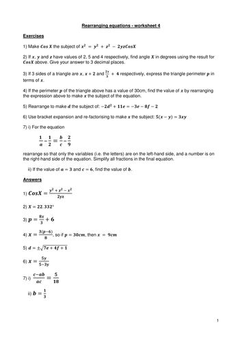 Rearranging equations worksheet 4 - with answers
