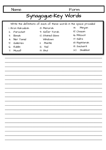 The Synagogue - Key Words Activity