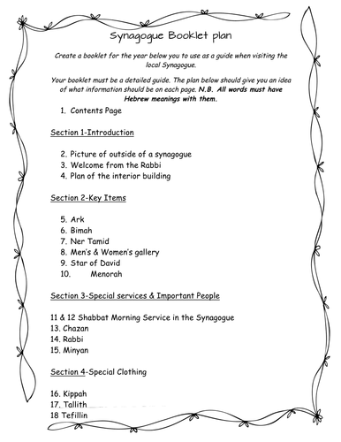 Writing a Synagogue Guide Booklet - Planning sheet