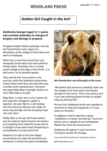 Newspaper Report Goldilocks And The Three Bears Teaching Resources