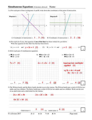 Simultaneous Equations homework or revision resource