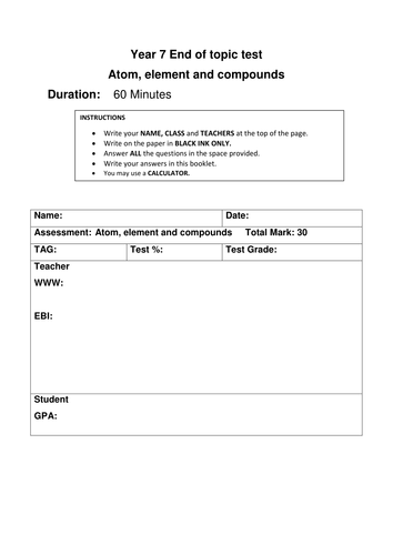 Year 7 Assessment on new specification on Aton, element and compound