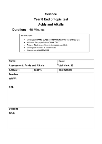 Year 8 new specification test on acids and alkalis