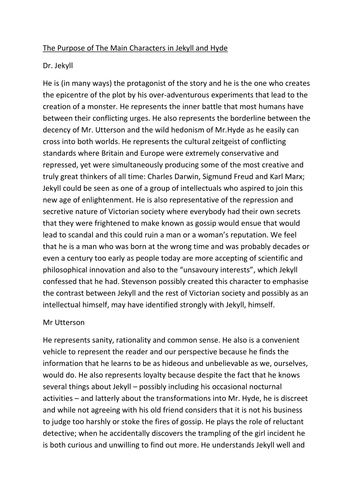 The Purpose of the Main Characters in Jekyll and Hyde