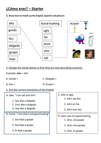 Como Eres easy starter revision sheet