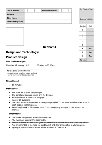 paper 2018 exam h.s 'AQA style' paper/template by KS3. for test